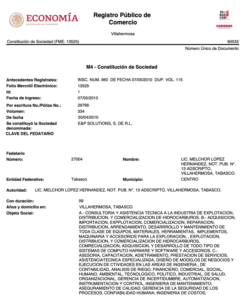Acta de E&P Solutions, que fue constituida ante el notario Melchor López Hernández, hermano de Adán Augusto.