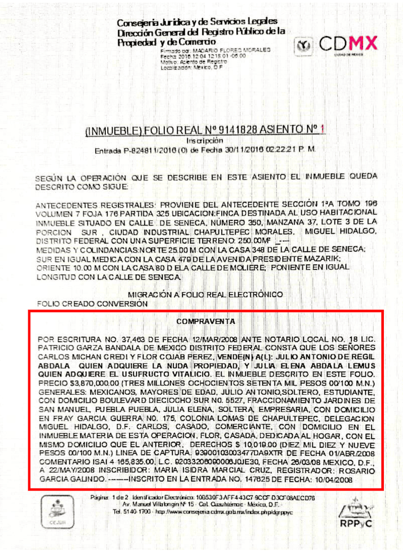  El folio de la propiedad revela que Julio de Regil Abdalá sigue siendo el dueño de la propiedad