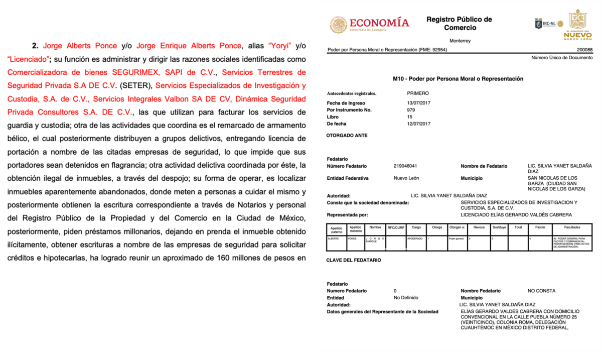 En la acusación de la FGR se menciona a Jorge Enrique Alberts Ponce como administrador de las empresas de seguridad utilizadas para traficar armas. En un acta mercantil de SEICSA consta que su nombramiento como apoderado se otorgó desde 2017.
